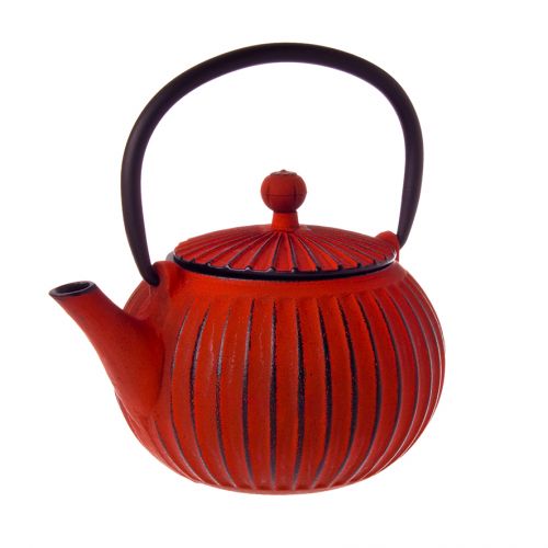 500ML CAST IRON TEA POT -RIBBED RED/ BLACK