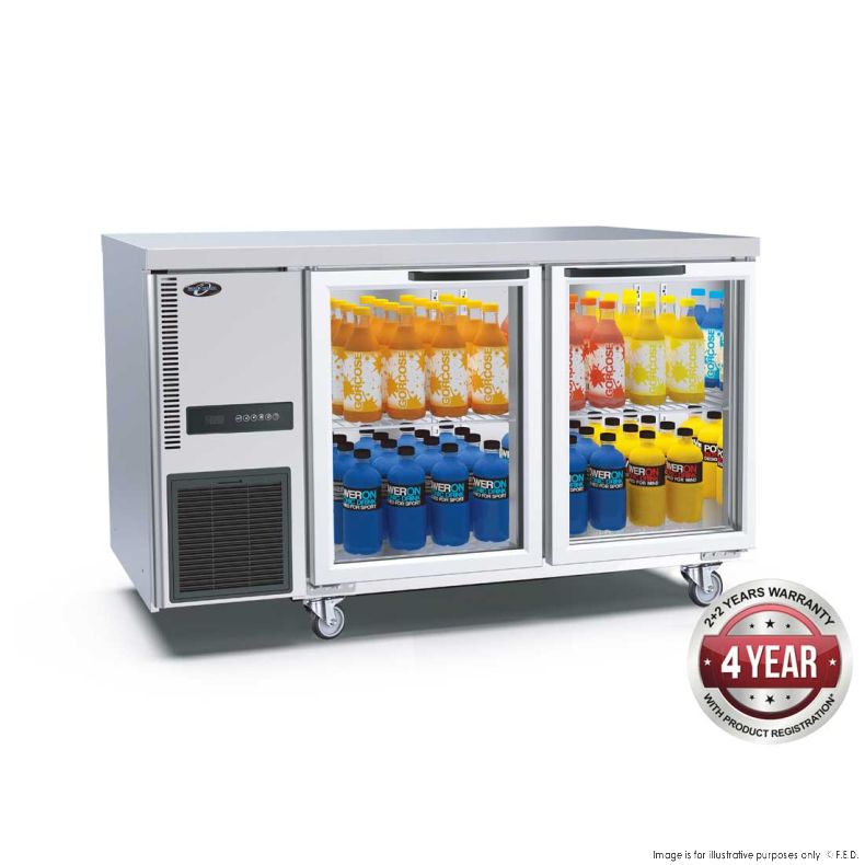 S/S DOUBLE GLASS DOOR BENCH FRIDGE 1200 X 700 X 86